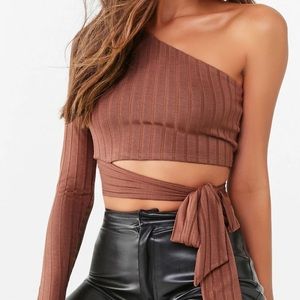 Ribbed Off Shoulder Wraparound Crop Top